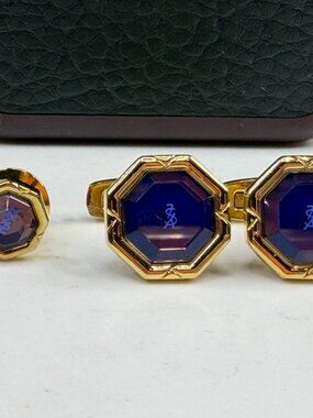 Vintage Yves Saint Laurent Octagonal Blue Glass Cufflinks Tie Set SS319